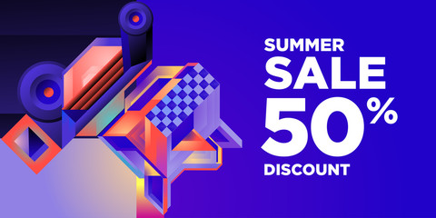 Summer Sale 50% Discount Banner with Colorful Abstract Geometric Background Pattern