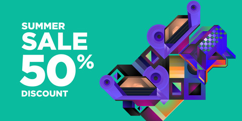 Summer Sale 50% Discount Banner with Colorful Abstract Geometric Background Pattern
