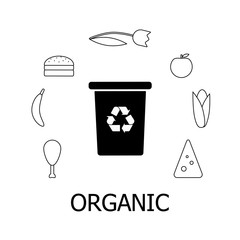 Collection of black and white icons of organic waste. Cardboard garbage and bin with recycling marc. Vector concept