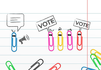 paperclips on paper sheet imitate election campaign with vote banners
