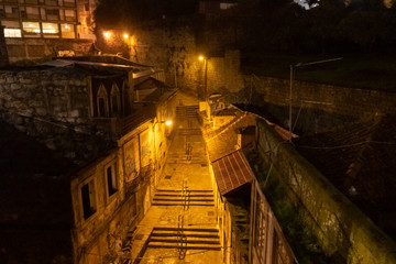 Walking in rainy evening Porto. Beautiful Portugal Architecture.