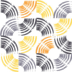 Seamless, abstract background pattern made with repeated brush strokes forming quarter circles. Modern, playful vector art in grey, yellow and orange colors.