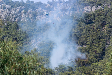 Fototapeta na wymiar Helicopters and planes extinguish a forest fire in Turkey
