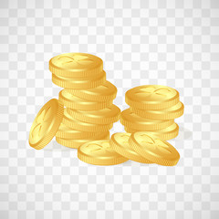 Stack of fairy golden coins with clovers leaves on white background. St. Patrick's day objects isolated on transparent background.