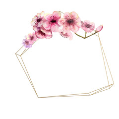 Cherry blossom, Sakura Branch with pink flowers on gold frame and isolated white background. Image of spring. Frame. Watercolor illustration. Design elements. flowers on top. geometric frame