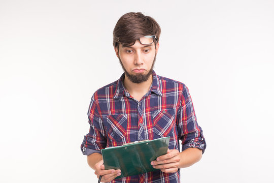 People, working and joke concept - funny man with clipboard thinking on white background