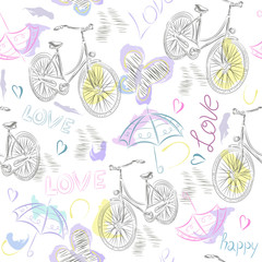 Hand-drawn seamless pattern with the image of a bicycle, hearts, butterflies, an umbrella and the word love. Textile summer pattern fow girls. Children clothes print. Wallpaper design watercolor. 