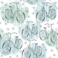 Hand-drawn seamless pattern with the image of bicycles and stars. Textile summer pattern fow girls. Children clothes print. Wallpaper design watercolor. Bicycle travel.