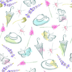 Hand-drawn seamless pattern with butterflies, hearts, wildflowers, hats and umbrellas. Textile summer pattern fow girls. Children clothes print. Wallpaper design watercolor.