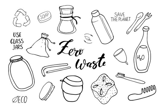 Hand drawn vector abstract cartoon modern graphic illustrations art collection set with Zero Waste and Save Planet illustrations concept isolated on white background