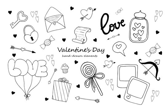 Monochrome and cute vector set for Valentine's Day. A lot of cartoon elements for valentine day designs: letter, candy, cupcake, lock and key, present box, hearts, lollipop, polaroid cards and others.