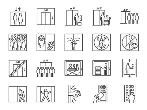 Lift line icon set. Included icons as elevator, goods elevator, goods lift, passenger, freight and more.