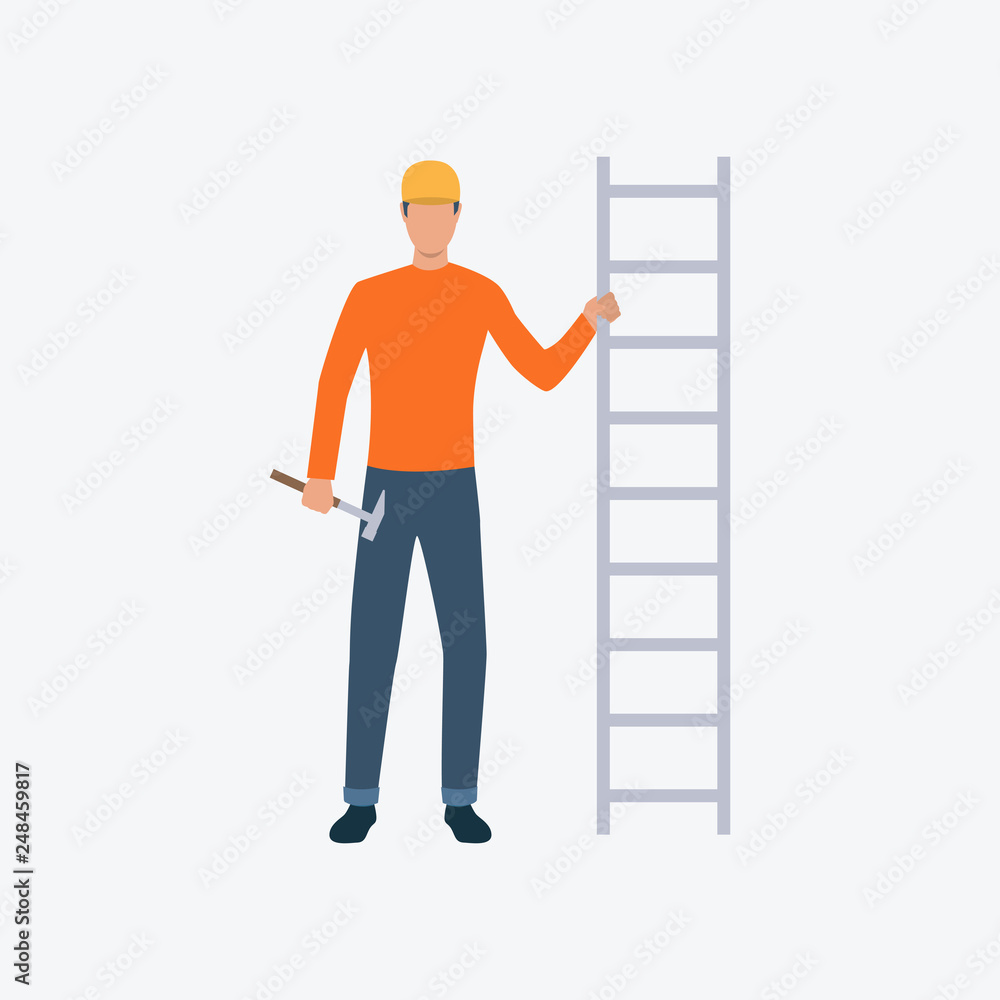 Wall mural Worker with ladder and hammer flat icon - Wall murals