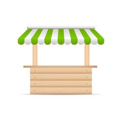 Wooden market stand stall with green and white sunshade. Mock up of wooden counter with canopy for street trading, wooden counter, kiosk, stand. Vector illustration.