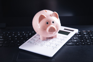 Piggy bank on laptop keyboard. Savings concept