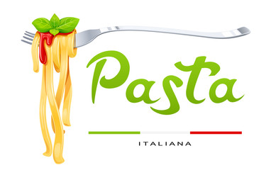 Pasta at fork with basil and sauce. Concept design for traditional italian food.