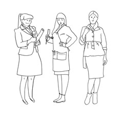 Set of black and white line drawings in the vector, female figures, women's profession
