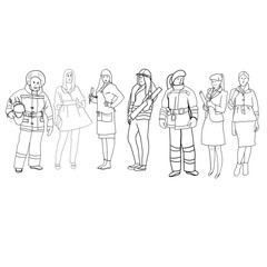 Set of black and white line drawings in the vector, female figures, women's profession