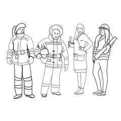 Set of black and white line drawings in the vector, female figures, women's profession