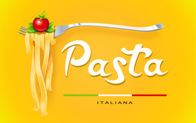 Pasta at fork with basil and tomato. Concept design for traditional italian food.