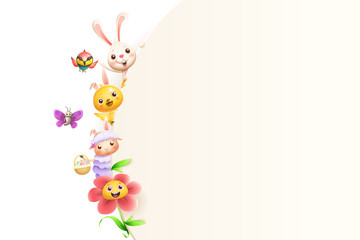 Easter friends animals and flower on left side of board - isolated on white background