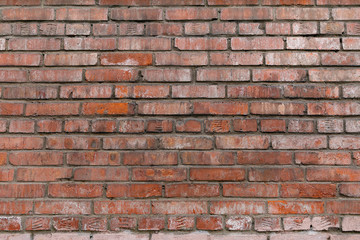 Old Dirty Red Brick Wall. Fragment Of Brick Wall Of Old Building Close-up.