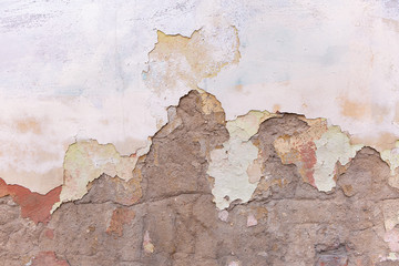 Fragment Of Surface Of Old Cement Wall With Remains Of Peeling Paint And Plaster.