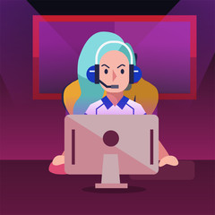 Fototapeta na wymiar E-sport girl gamer playing video game. Vector illustration.