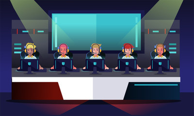 E sport tournament, team playing game. Game arena background. Vector illustration.