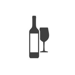Gray wine bottle with white label and wineglass placed on white background. Vector illustration.
