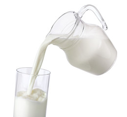 Pouring milk from jug into glass isolated on white background