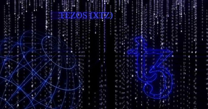 Glowing Tezos (XTZ) symbol against the falling binary code symbols