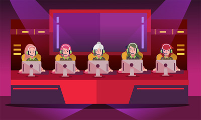 E sport girl tournament, team of professional gamer playing computer  game competitive on a cyber game. Vector illustration.