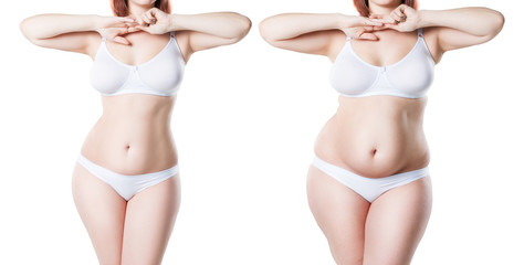 Woman's body before and after weight loss isolated on white background, plastic surgery concept