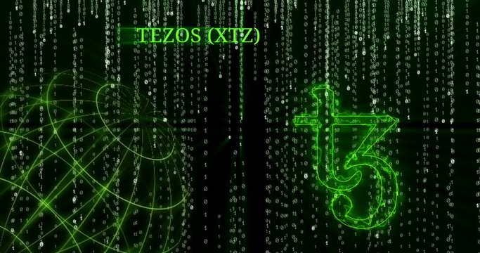 Glowing Tezos (XTZ) symbol against the falling binary code symbols