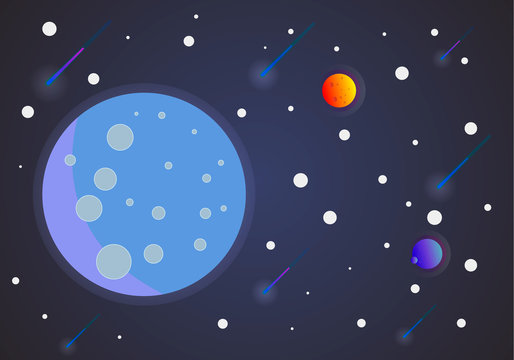 Full moon in space with stars, styling simplify space exploration illustration background. Space and planet background. Planets surface with craters, stars and comets in dark space. 