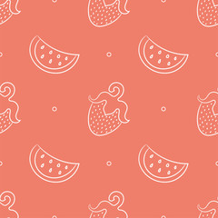 Fruit seamless pattern. Color vector background. Watermelon and strawberry. Summer and spring print. Doodle sketch