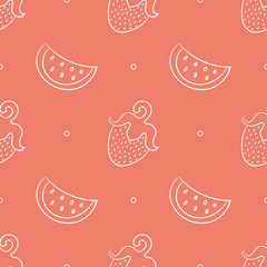 Fruit seamless pattern. Color vector background. Watermelon and strawberry. Summer and spring print. Doodle sketch