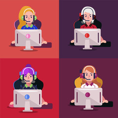 Set of professional girl gamer playing video game on computer. E sport player. Vector illustration.