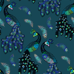 Pattern of peacock, nostalgie of art nuvo. Vector illustration. Suitable for fabric, wrapping paper and the like