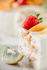 Strawberry, apricot and cream sponge cake. Cheesecake.