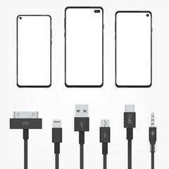 Collection of connection ports and charges cables. smartphone mockup and icons set