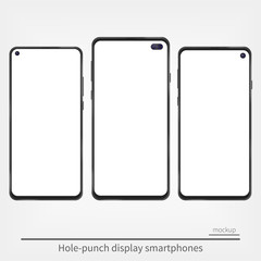 Smartphones mockup with hole-punch screen. Bezel-less smartphone design with different selfie cameras