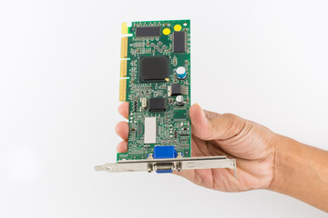 Hand holding IC chip Computer RAM isolated on white