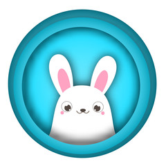 Easter bunny looking out. Easter banner with cute rabbit character. Vector illustration in paper cut, paper craft style