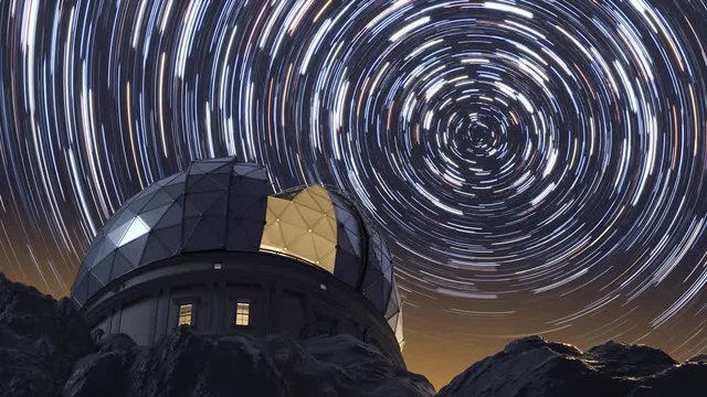 Modern observatory on a hill watching stars in slow shutter timelapse. 4KHD
