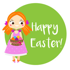 Cartoon girl holding Easter eggs in basket. Card, banner for happy Easter design