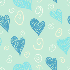 Blue Hearts and Swirls Seamless Pattern