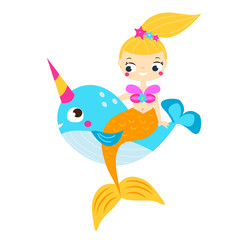 Cute mermaids sit on narwhal © ksuklein