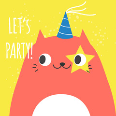 Doodle funny cat in party hat and and typography Let's party. Modern artistic illustration with cartoon character for cards and greetings